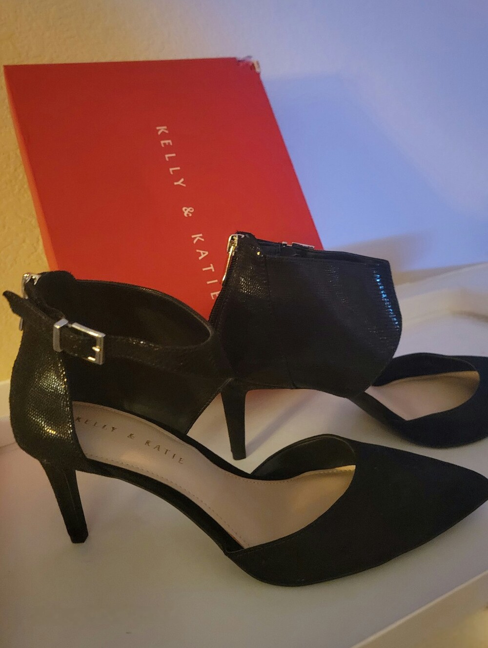 Kelly & Katie Black Pointed D'Orsay Ankle-Strap Heels